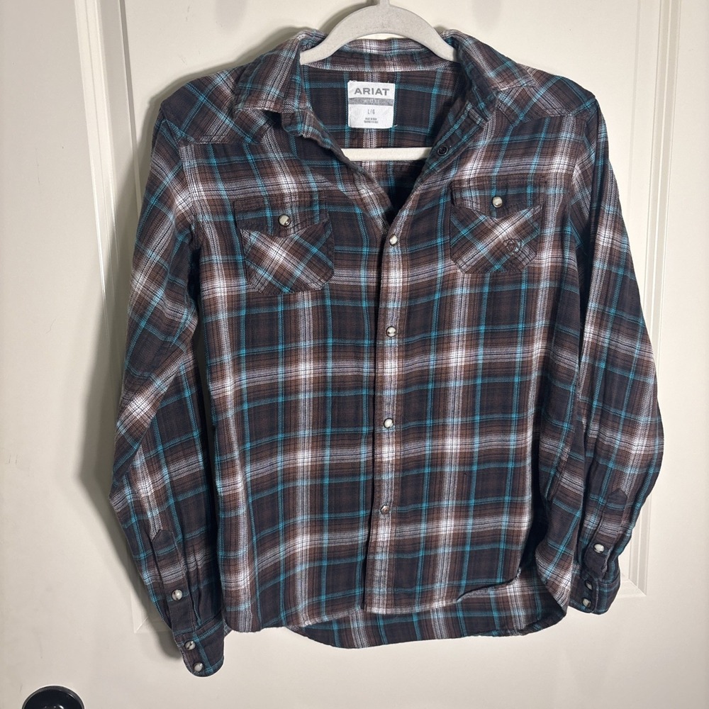 Ariat Retro Fit Shirt Kids Boy Large Brown Plaid Western Snap Long Sleeve Cowboy